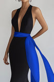 Black Mermaid Long Deep V-Neck Black Tie Dress with Sash