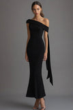 Black Sheath One Shoulder Long Black Tie Dress with Streamer