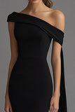 Black Sheath One Shoulder Long Black Tie Dress with Streamer