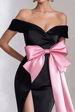 Black Pink Sheath Long Bowknot Black Tie Dress with Slit