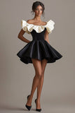 Cute A Line Black Ivory Ruffled Short Black Tie Dress