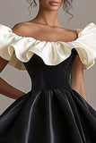 Cute A Line Black Ivory Ruffled Short Black Tie Dress