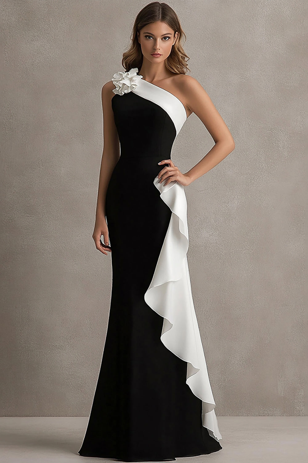 Leely Women Black White Sheath Long Black Tie Dress with Ruffles 3D Flowers One Shoulder Formal Dress leelyuk Leely Women Black White Sheath Long Black Tie Dress with Ruffles 3D Flowers One Shoulder Formal Dress leelyuk