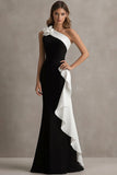 Leely Women Black White Sheath Long Black Tie Dress with Ruffles 3D Flowers One Shoulder Formal Dress