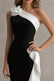 One Shoulder Sheath Long Black Tie Dress with Ruffles