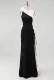 One Shoulder Sheath Long Black Tie Dress with Ruffles