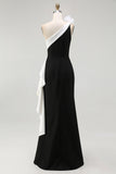 One Shoulder Sheath Long Black Tie Dress with Ruffles