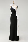 Black and White Sheath One Shoulder Maxi Black Tie Dress with Ruffles
