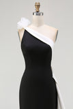 One Shoulder Sheath Long Black Tie Dress with Ruffles