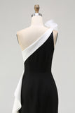One Shoulder Sheath Long Black Tie Dress with Ruffles