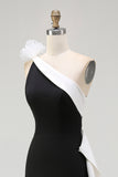 Black and White Sheath One Shoulder Maxi Black Tie Dress with Ruffles