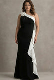 One Shoulder Sheath Plus Size Long Black Tie Dress with Ruffles