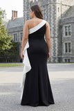 Black and White Sheath One Shoulder Maxi Black Tie Dress with Ruffles