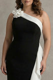 Black and White Sheath One Shoulder Maxi Black Tie Dress with Ruffles