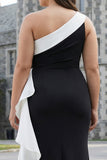 One Shoulder Sheath Plus Size Long Black Tie Dress with Ruffles