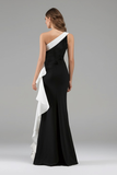 One Shoulder Sheath Long Black Tie Dress with Ruffles