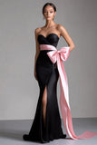 Black Pink Sweetheart Bowknot Sheath Long Black Tie Dress with Slit