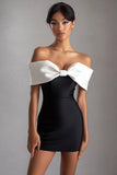 Bodycon Short Black White Off the Shoulder Black Tie Dress with Bow
