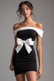 Black Off the Shoulder Bodycon Short Black Tie Dress with Bow