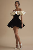 Cute Off the Shoulder A Line Short Black Tie Dress with Ruffles