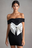 White Off the Shoulder Bodycon Short Black Tie Dress with Bow