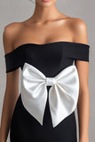 White Off the Shoulder Bodycon Short Black Tie Dress with Bow