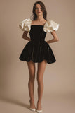 Pretty A Line Square Neck Short Black Tie Dress with Puff Sleeves