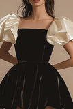 Pretty A Line Square Neck Short Black Tie Dress with Puff Sleeves