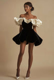 Ivory A Line Off the Shoulder Ruffled Short Black Tie Dress