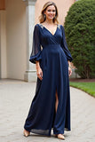 Navy Chiffon V Neck Long Sleeves Mother of the Bride Dress with Slit