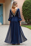 Navy Chiffon V Neck Long Sleeves Mother of the Bride Dress with Slit