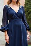Navy Chiffon V Neck Long Sleeves Mother of the Bride Dress with Slit