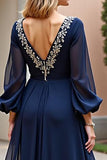 Navy Chiffon V Neck Long Sleeves Mother of the Bride Dress with Slit