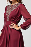 Burgundy Long Sleeves A Line Chiffon Mother of the Bride Dress