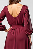 Burgundy Long Sleeves A Line Chiffon Mother of the Bride Dress