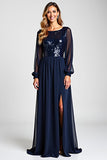 Navy Chiffon A Line Long Sequined Mother of the Bride Dress with Slit