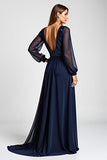 Navy Chiffon A Line Long Sequined Mother of the Bride Dress with Slit