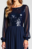 Navy Chiffon A Line Long Sequined Mother of the Bride Dress with Slit