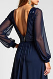 Navy Chiffon A Line Long Sequined Mother of the Bride Dress with Slit