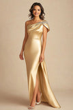 Gold One Shoulder Sheath Elegant Maxi Formal Dress with Slit