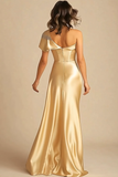 Gold One Shoulder Sheath Elegant Maxi Formal Dress with Slit