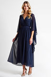 Navy Chiffon V Neck Long Mother of the Bride Dress with Ruffles