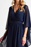 Navy Chiffon V Neck Long Mother of the Bride Dress with Ruffles