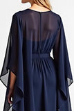 Navy Chiffon V Neck Long Mother of the Bride Dress with Ruffles