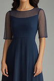 Navy Chiffon A Line Illsion Neck Tea Length Mother of the Bride Dress