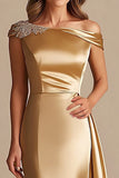 Gold One Shoulder Sheath Satin Long Formal Dress