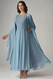 A Line Blue Scoop Chiffon Long Formal Dress with Maxi Shawl