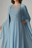 A Line Blue Scoop Chiffon Long Formal Dress with Maxi Shawl