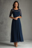 Navy Illusion Neck Half Sleeves A Line Formal Dress