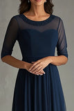 Navy Illusion Neck Half Sleeves A Line Formal Dress